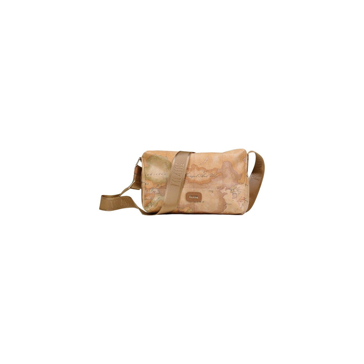 Image 1 : Sac bandoulière Alviero Martini Prima Classe motif carte géographique vintage beige caramel, vue trois quarts avec bandoulière réglable estampillée logo — Delvale