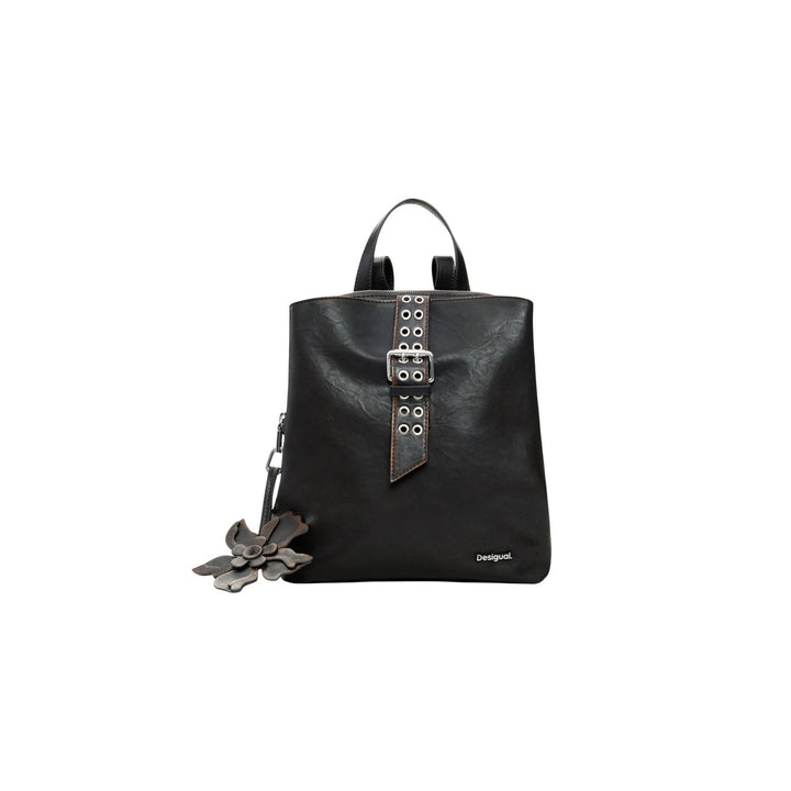 Image 1 : Sac à dos Desigual femme noir aspect vieilli avec ceinture œillets et breloque fleur — delvale