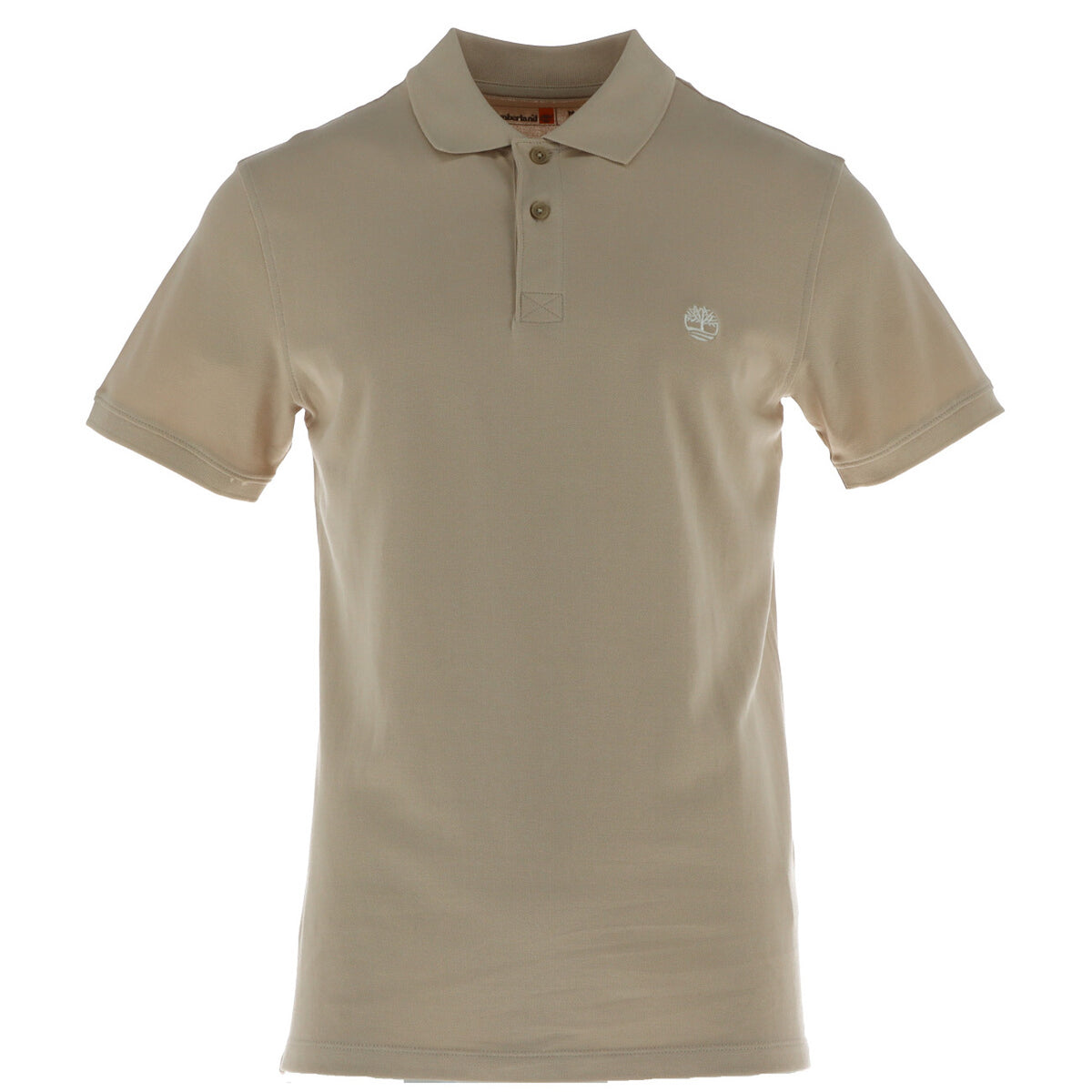 Image 1 : Polo homme Timberland piqué beige, vue de face, col polo 3 boutons et logo arbre brodé poitrine gauche — Delvale