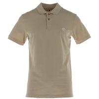 Image 1 : Polo homme Timberland piqué beige, vue de face, col polo 3 boutons et logo arbre brodé poitrine gauche — Delvale