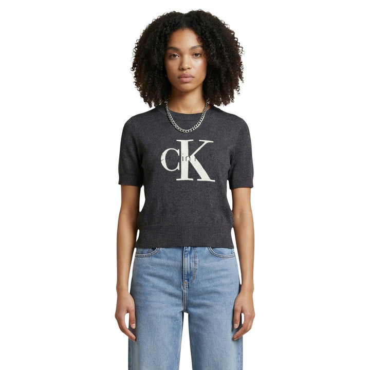 Image 1 : Pull femme Calvin Klein Jeans gris manches courtes col rond en coton — delvale