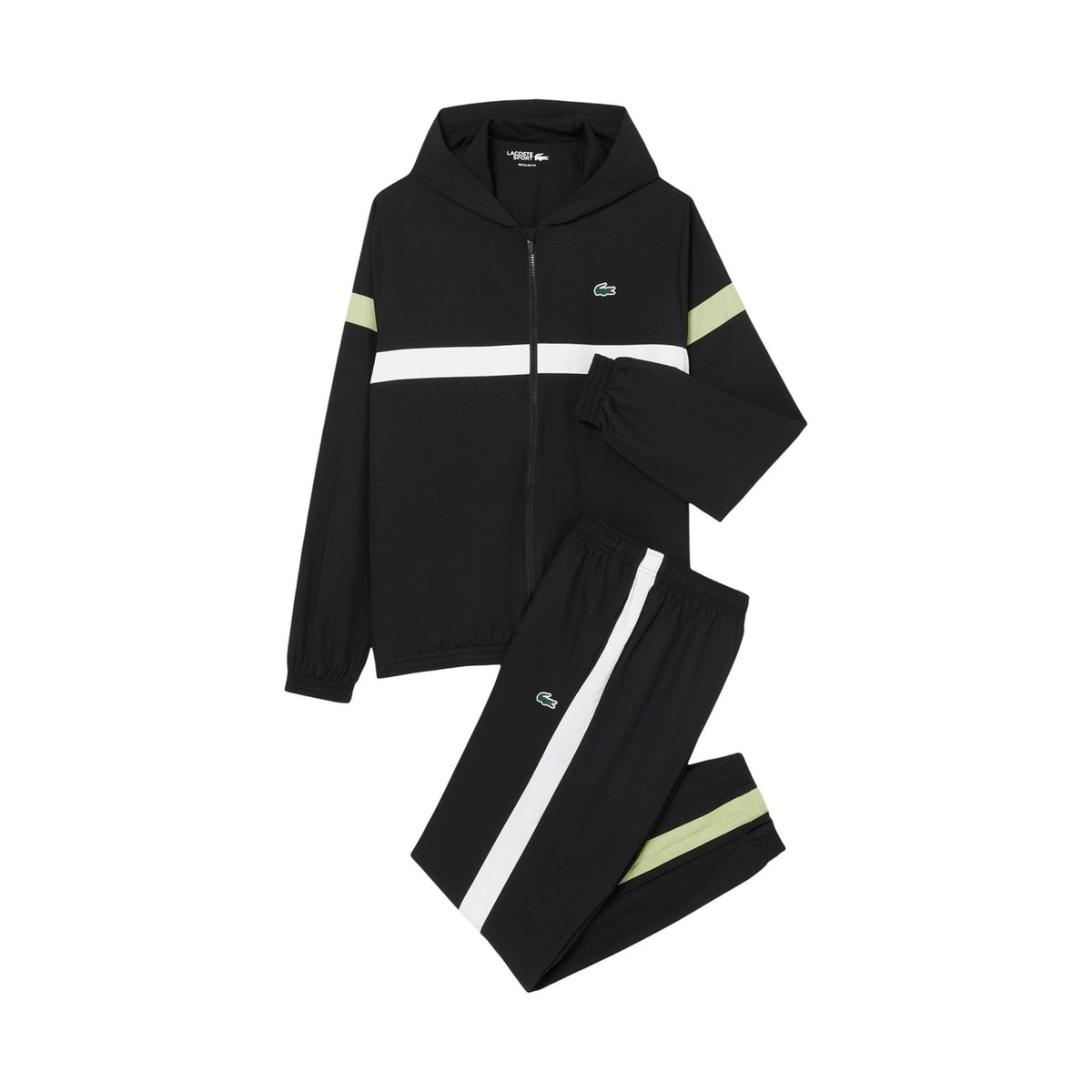 Lacoste Ensemble Survêtement Homme Noir Veste Jogging Bande Fluo Posé — vue à plat ensemble — Delvale
