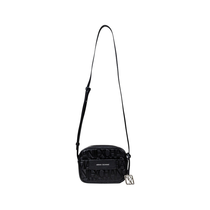 Image 1 : Sac bandoulière femme Armani Exchange noir avec texte gaufré en relief et breloque AX argentée, vue de face sur fond blanc — Delvale