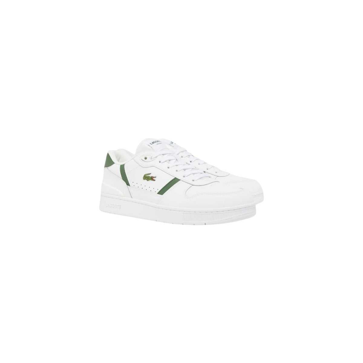 Baskets Lacoste homme blanches détails verts, vue trois-quarts avant, logo crocodile