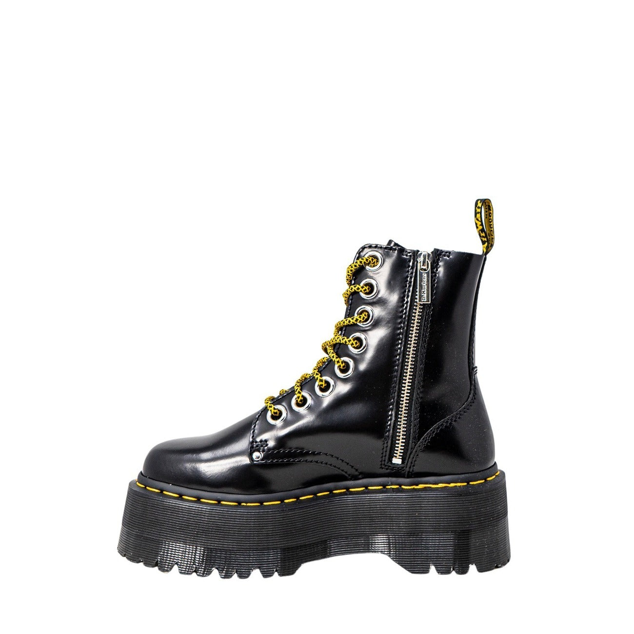 Dr. Martens Jadon noire femme vue de profil intérieur avec lacets contrastés noir et jaune