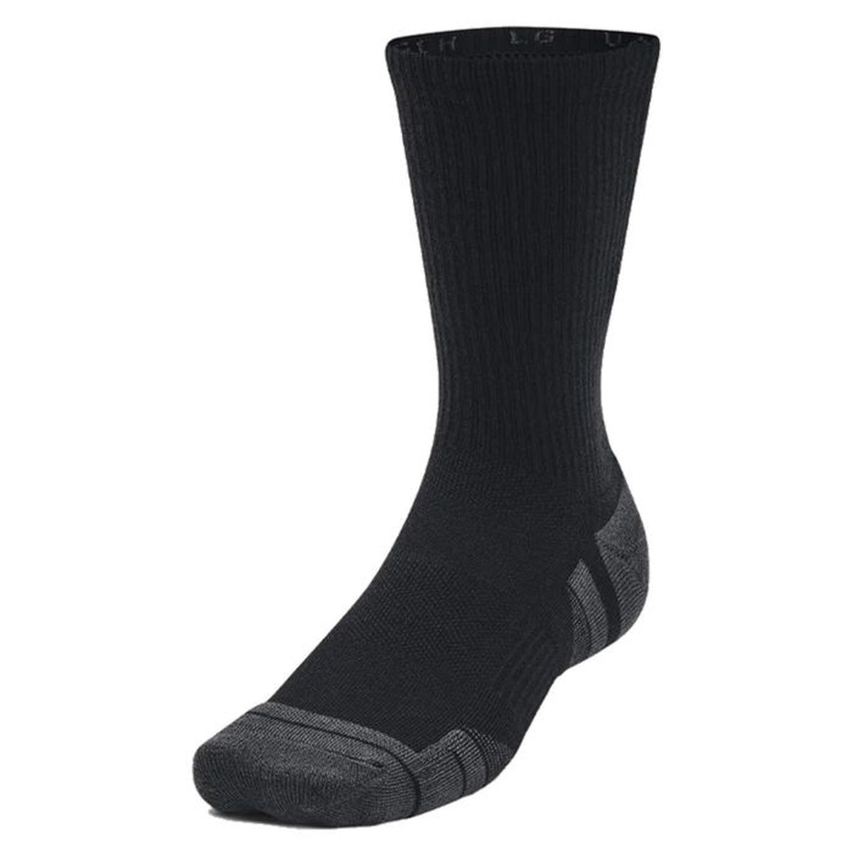 Image 3 : Zoom sur la zone de renfort gris anthracite au talon et à l'orteil des chaussettes Under Armour Crew noires — Delvale