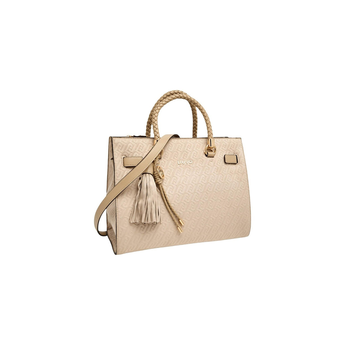 Image 2 : Sac à main Liu Jo beige vue trois quarts monogramme logo médaillon doré finitions premium — Delvale