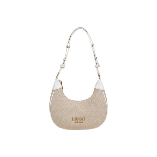 Image 1 : Sac hobo Liu Jo Milano monogramme jacquard beige doré avec bandoulière blanc crème et logo doré en façade, fond blanc — Delvale