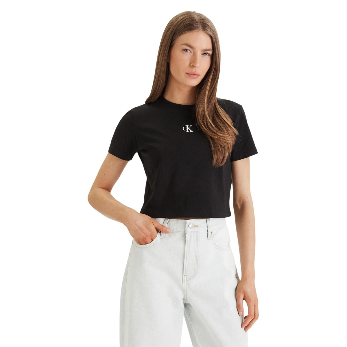 Image 4 : T-shirt Calvin Klein Jeans femme beige col rond manches courtes vue complète — delvale