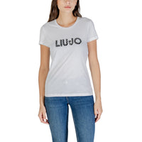 Image 4 : T-shirt Liu Jo blanc femme porté avec pantalon noir, silhouette élégante vue entière — Delvale