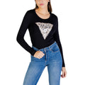 Guess T-shirt Manches Longues Logo Triangle Strass Femme Noir