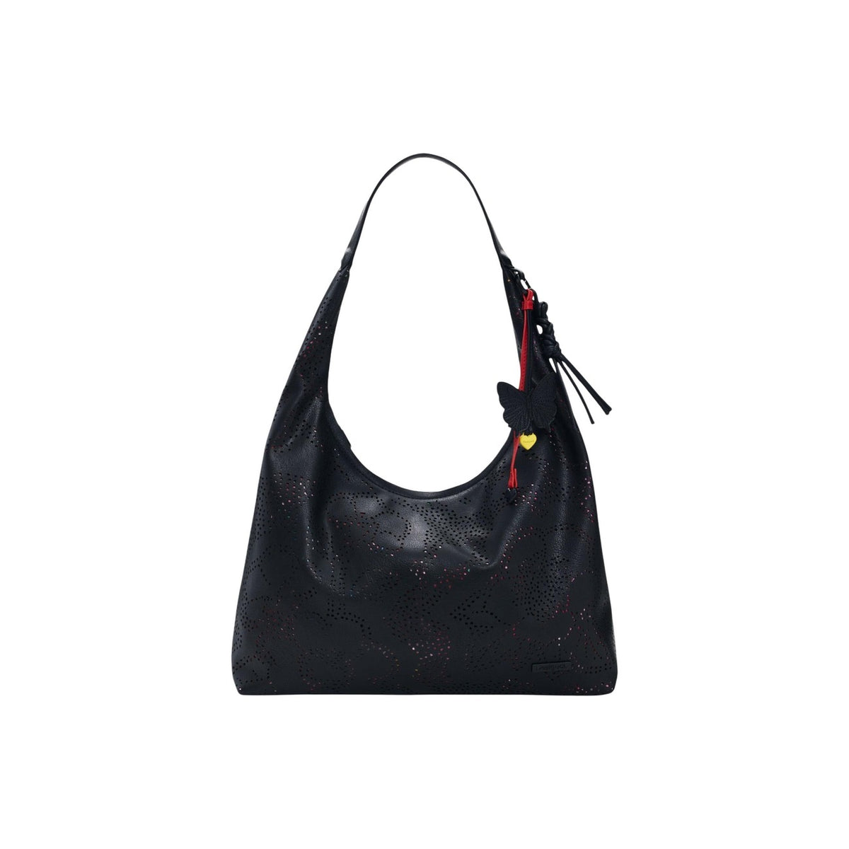 Image 1 : Sac hobo Desigual femme en polyester noir avec micro-perforations effet constellation et breloques colorées papillon, cœur jaune et lanières rouges sur le zip — Delvale