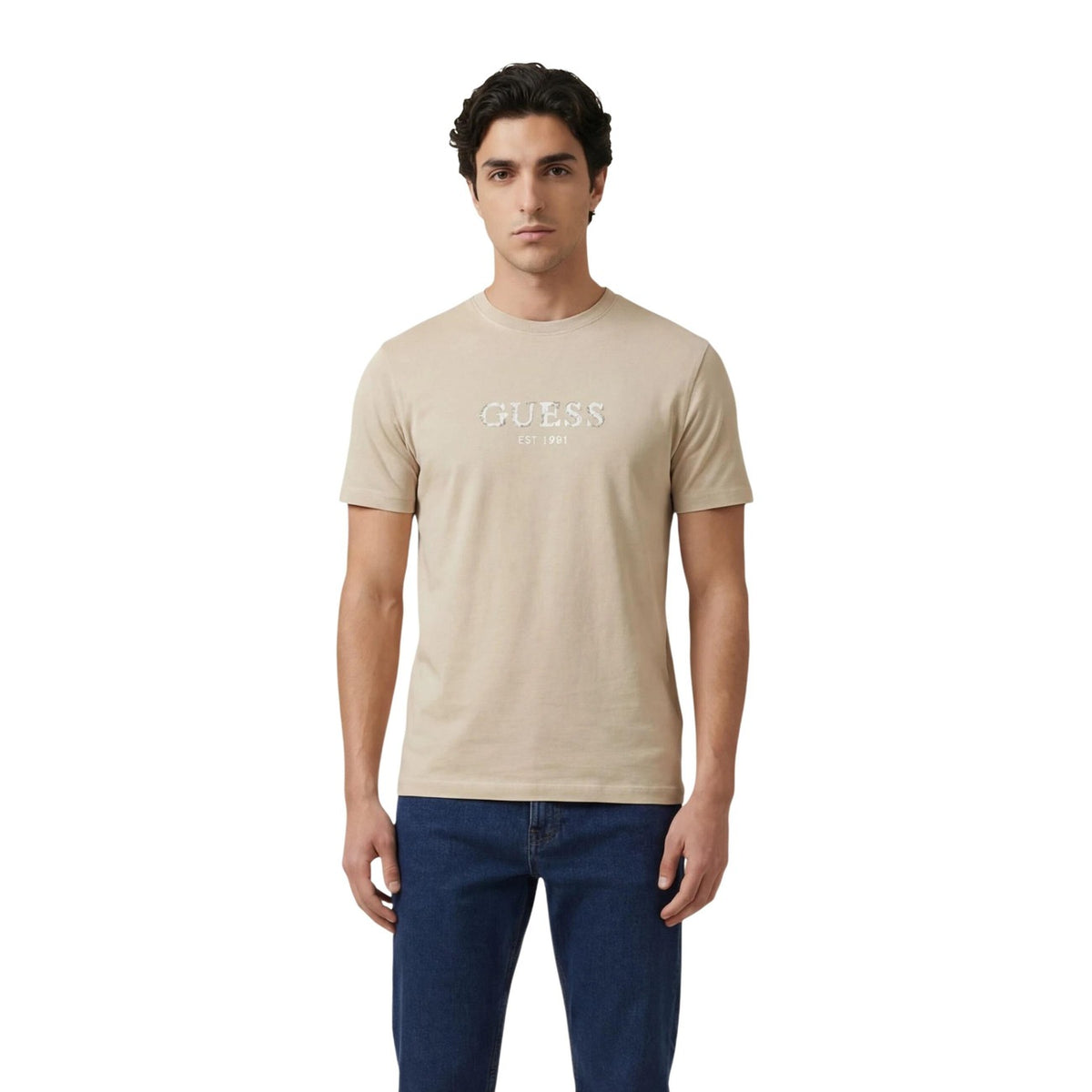 Image 1 : T-shirt Guess homme beige avec impression moderne, vue de face — Delvale