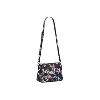 Image 2 : Détail de l'imprimé floral coloré du sac bandoulière Desigual noir, motifs tulipes et fleurs — delvale