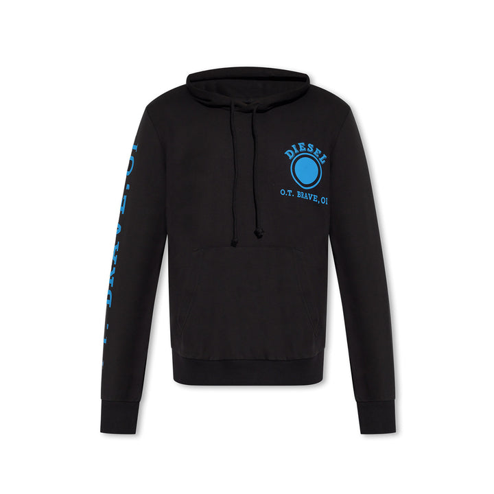 Sweat capuche Diesel homme noir, imprimé graphique O.T. Brave bleu, inscription verticale manche gauche, fond blanc — Delvale