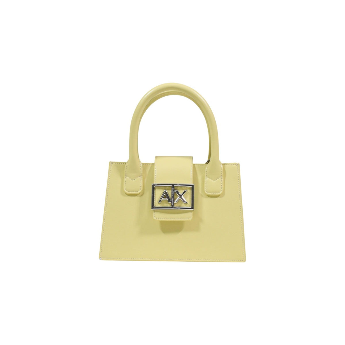 Image 1 : Mini sac à main Armani Exchange femme jaune pâle, silhouette trapézoïdale avec patte centrale et fermoir logo AX argenté, vue de face — Delvale