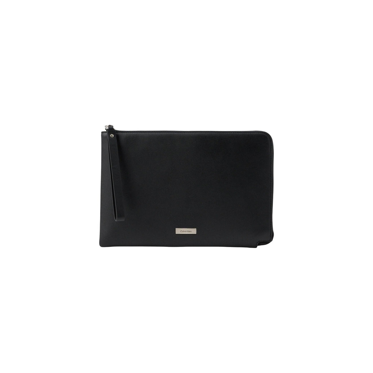 Image 1 : Pochette plate Calvin Klein homme en cuir noir avec plaquette métal argentée et zip — Delvale