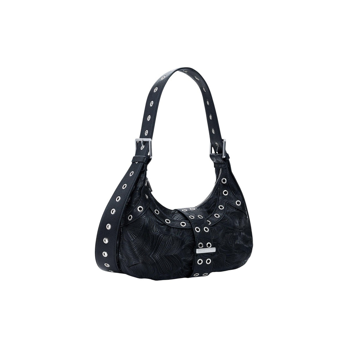 Image 2 : Détail du motif végétal gaufré en relief sur sac hobo Desigual noir avec ceinture boucle — delvale