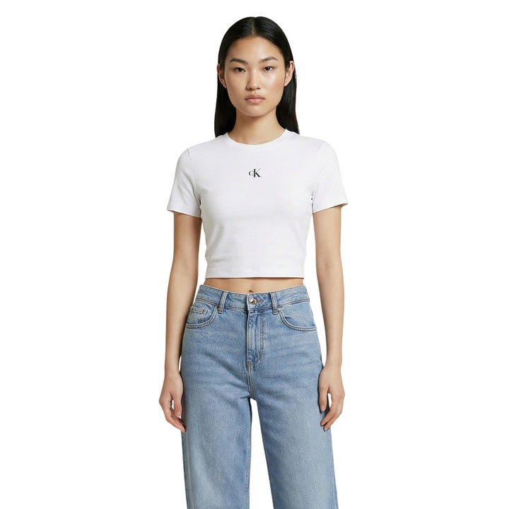 Image 1 : T-shirt Calvin Klein Jeans femme beige col rond manches courtes vue de face — delvale