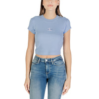 Image 1 : Top Calvin Klein Jeans femme bleu azur col rond manches courtes en coton stretch — delvale