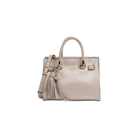 Image 1 : Sac à main Liu Jo femme tote bag beige monogramme all-over avec anses tressées, charm pompon doré et bandoulière amovible — vue de face — Delvale