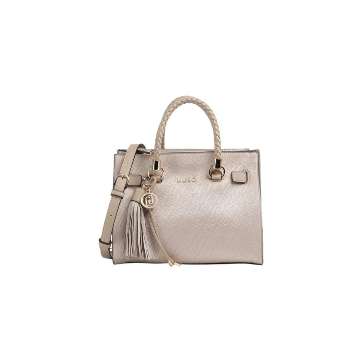 Image 1 : Sac à main Liu Jo femme tote bag beige monogramme all-over avec anses tressées, charm pompon doré et bandoulière amovible — vue de face — Delvale