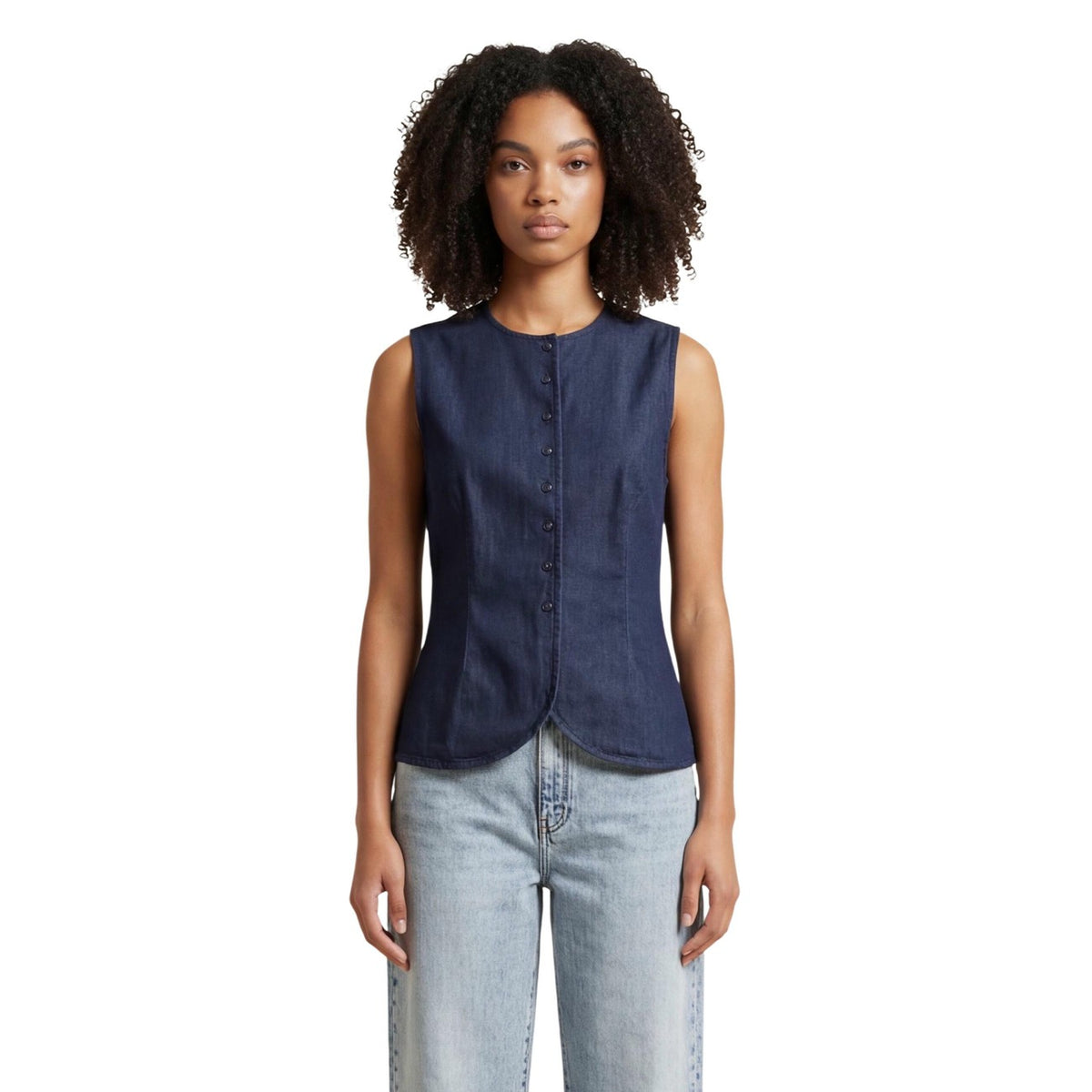 Image 1 : Gilet femme bleu Only sans manches avec col rond et fermeture boutonnée — delvale