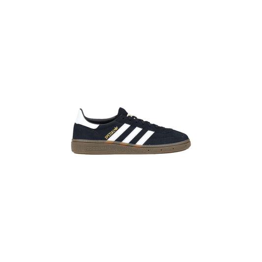 Image 1 : Basket Adidas Handball Spezial femme en suède noir profond, trois bandes blanches sur le flanc et semelle gomme caramel, vue de profil gauche — Delvale