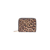 Image 1 : Portefeuille compact Liu Jo Milano motif léopard brun et noir, fermeture zip dorée et logo métallique doré, vue de face sur fond blanc — Delvale