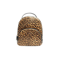 Image 1 : Sac à dos Liu Jo imprimé léopard brun et noir avec poche frontale zippée et poignée rigide, vue de face — Delvale