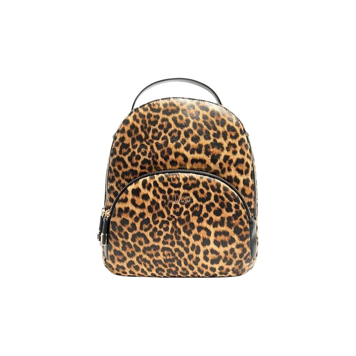 Image 1 : Sac à dos Liu Jo imprimé léopard brun et noir avec poche frontale zippée et poignée rigide, vue de face — Delvale