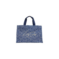 Image 1 : Tote bag Liu Jo femme en toile bleu marine imprimé léopard gris avec logo signature en strass argentés, vue de face — Delvale