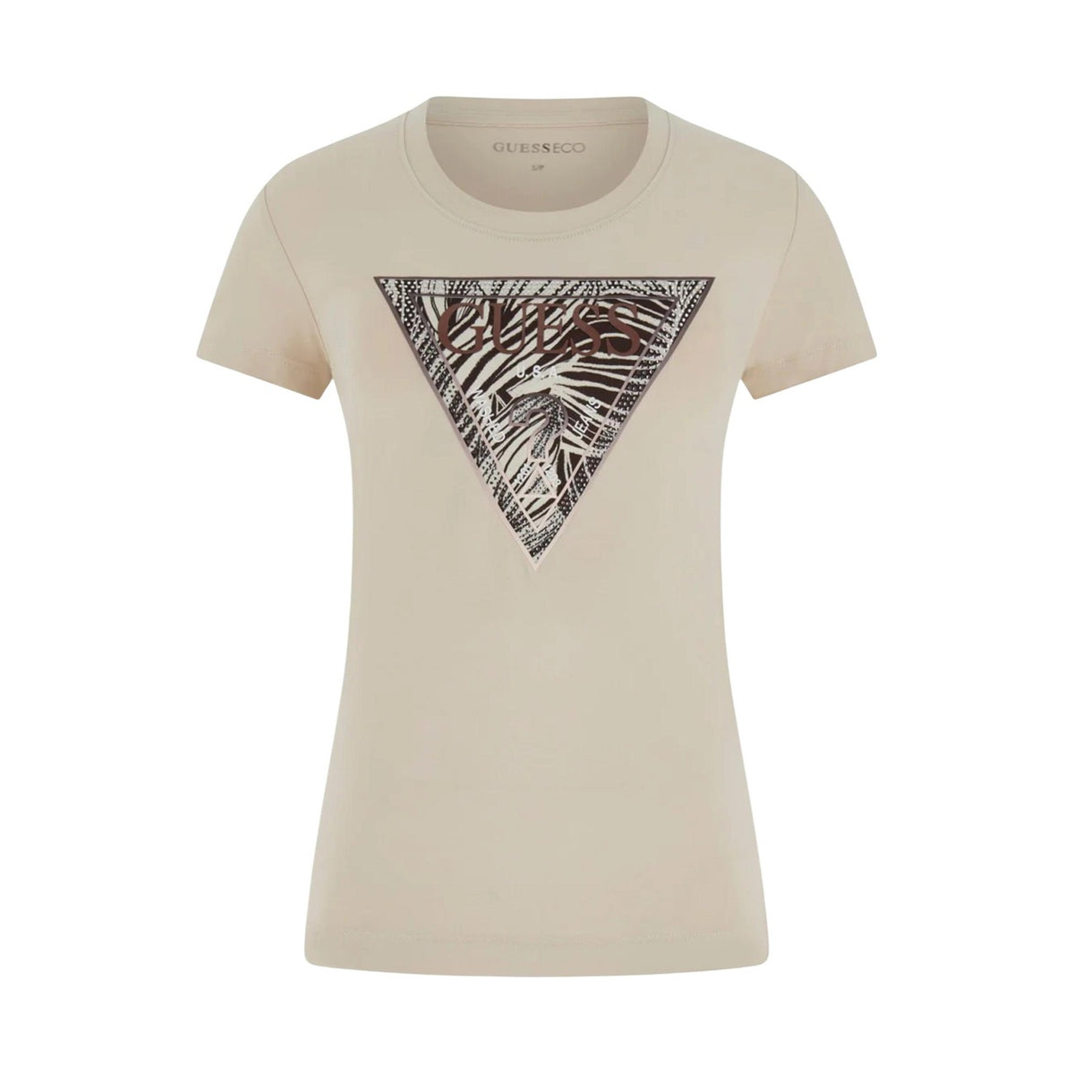 Image 2 : Vue de face du t-shirt Guess femme beige à encolure ronde et motif triangle imprimé graphique — Delvale