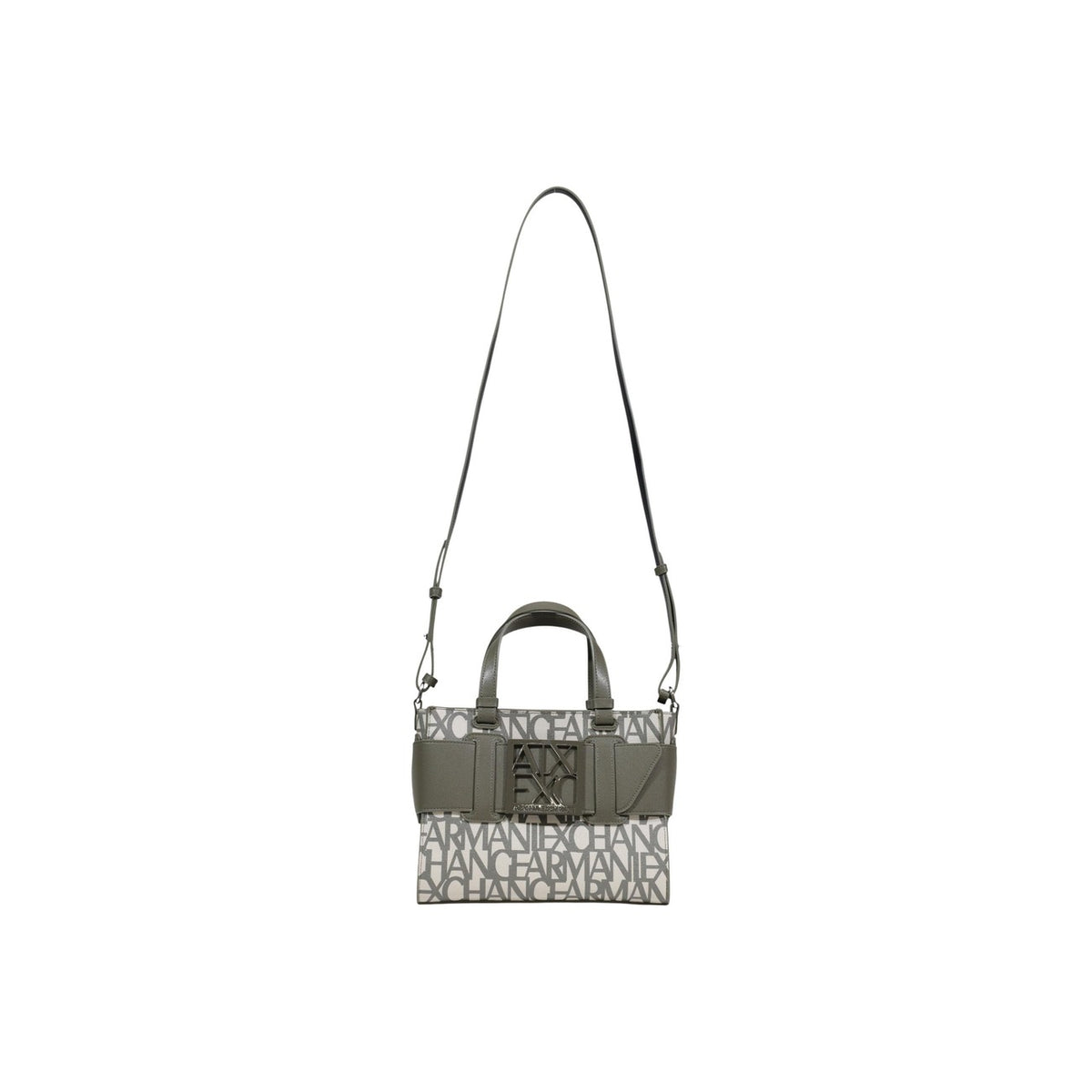 Image 2 : Détail du motif jacquard texte Armani Exchange bicolore crème et kaki sur sac à main femme, plaque logo AX ajourée — Delvale
