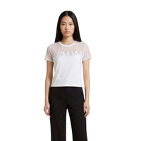 Image 1 : T-shirt Armani Exchange femme blanc en coton filet transparent, col rond — delvale