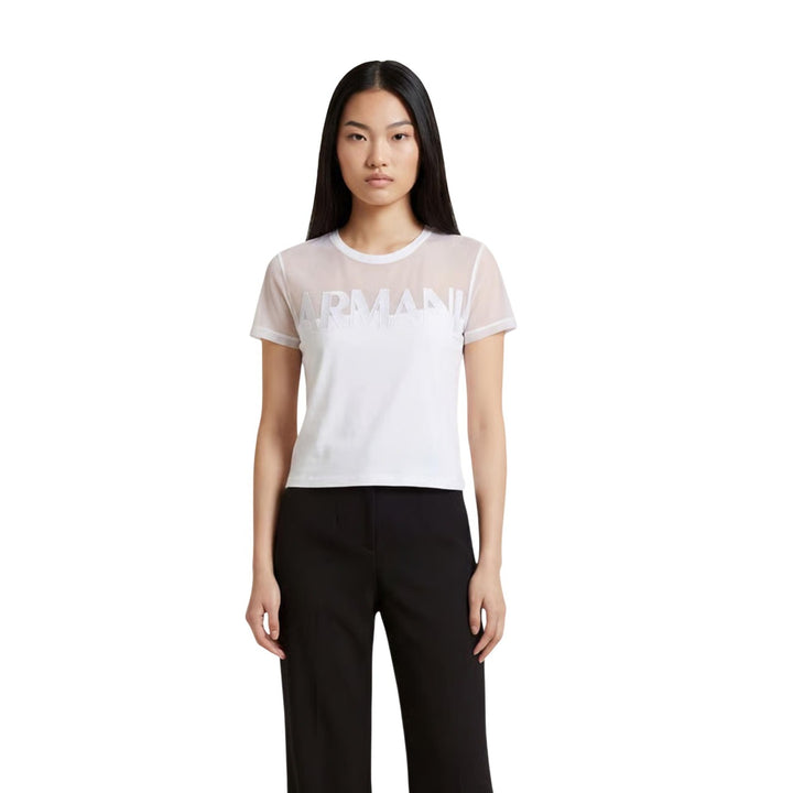 Image 1 : T-shirt Armani Exchange femme blanc en coton filet transparent, col rond — delvale