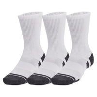 Image 4 : Les trois paires de chaussettes Under Armour Performance Crew noires disposées côte à côte, vue d'ensemble du lot — Delvale