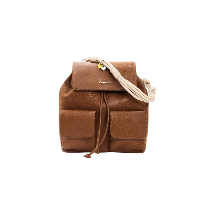 Image 1 : Sac à dos Desigual femme marron avec motif floral gaufré en relief et anses corde nouées — delvale
