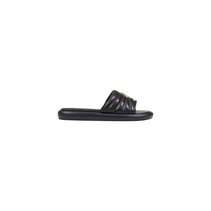 Image 1 : Mules Pinko femme noires en cuir avec bout pointu ouvert, vue de profil — delvale