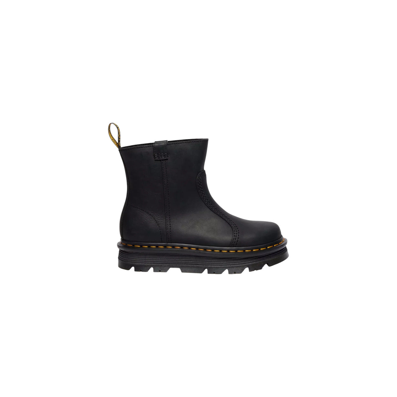 Dr. Martens Zebzag Rigger noire femme vue de profil, bottine noire en cuir