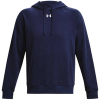 Sweat à capuche Under Armour homme bleu marine logo blanc brodé poitrine poche kangourou, vue de face à plat