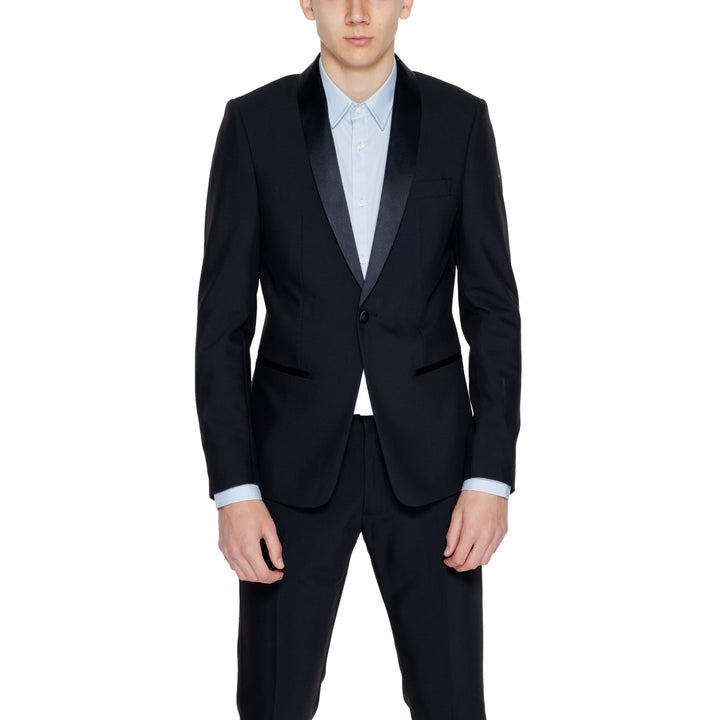 Image 1 : Veste de smoking slim fit Antony Morato pour homme, coloris noir, revers satin châle, vue de face portée — Delvale