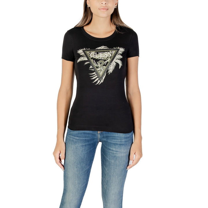 Image 1 : T-shirt femme Guess noir manches courtes en coton, vue de face — delvale