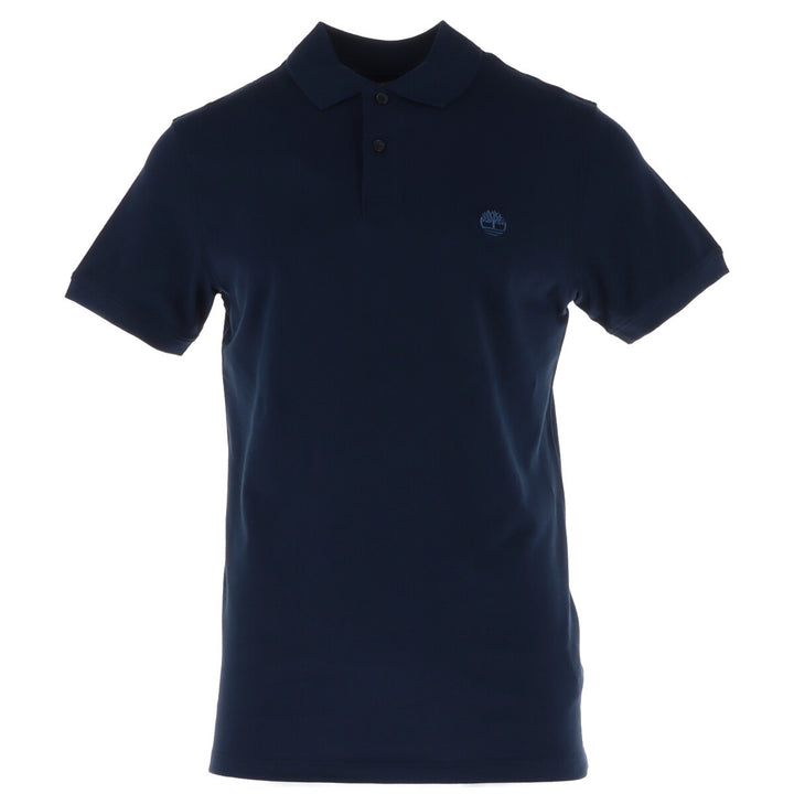 Image 1 : Polo homme Timberland bleu marine en coton piqué, vue de face avec logo brodé ton sur ton sur la poitrine — Delvale