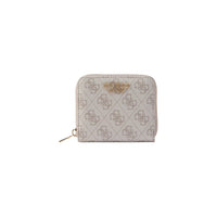 Image 1 : Portefeuille compact Guess femme motif monogramme 4G beige avec logo métal doré et fermeture zip dorée — Delvale