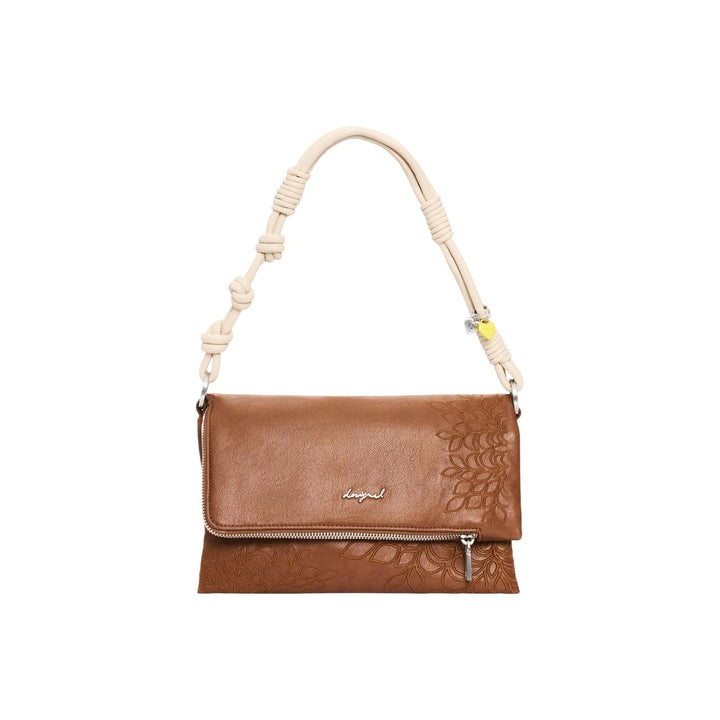 Image 1 : Desigual sac à main femme caramel enveloppe anse corde nœuds écrue bicolore logo cursif argenté — vue face — Delvale