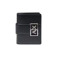 Image 1 : Portefeuille compact Armani Exchange femme noir avec plaque logo AX métal argenté en façade, vue de face — Delvale