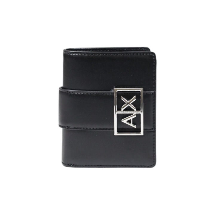 Image 1 : Portefeuille compact Armani Exchange femme noir avec plaque logo AX métal argenté en façade, vue de face — Delvale