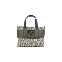 Image 1 : Sac à main femme Armani Exchange jacquard texte allover crème et kaki, double anse et plaque logo AX, vue de face — Delvale