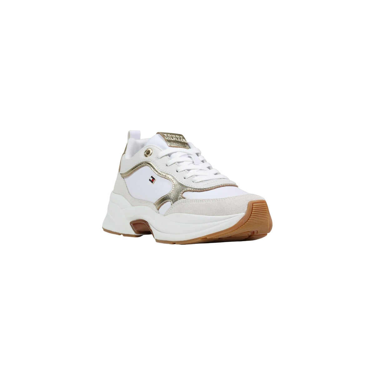 Image 2 : Sneakers Tommy Hilfiger femme à tige mixte cuir synthétique et daim, inserts dorés et logo tricolore brodé, fond blanc — Delvale